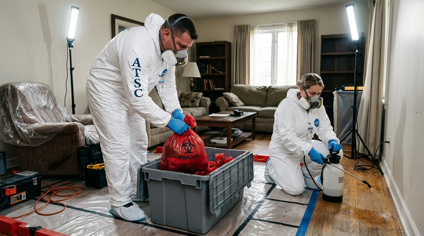 Professional Hoarding Cleanup technician in full PPE working in Swansea